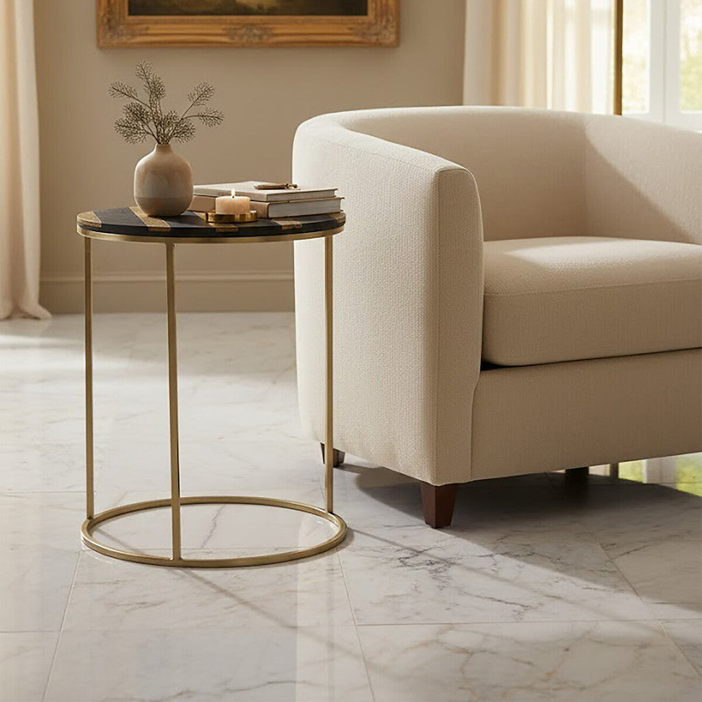 Aris Black & Gold Striped Acacia Wood Round Coffee Table With Interconnected Metal Legs, Aris