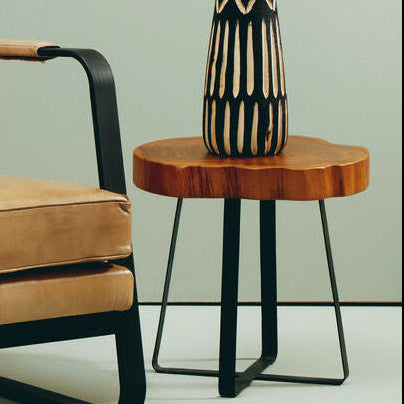 Solid Teak Wood Side Table With Asymmetric Top & Black Cross Bas, Manado