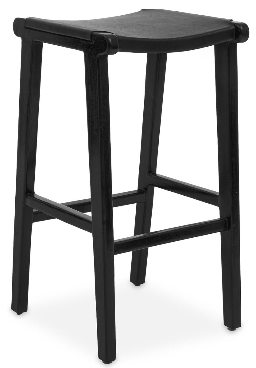 Kendari Black Leather & Teak Barstool