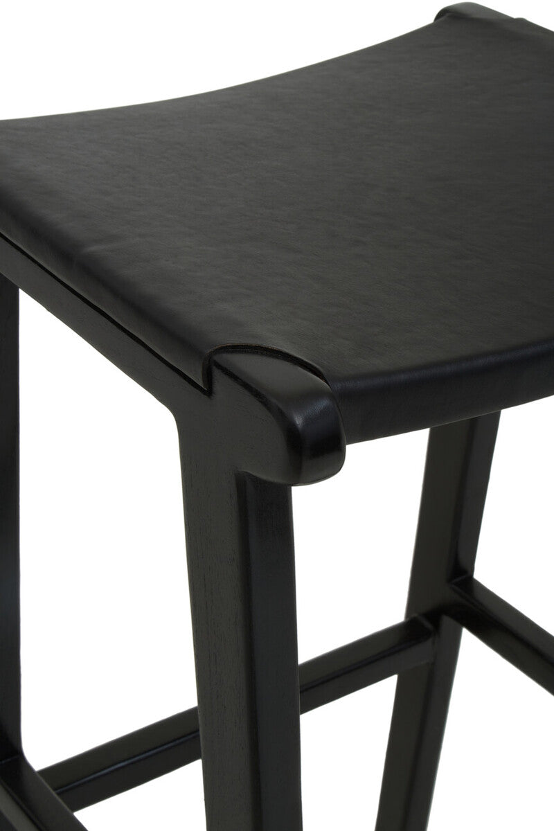 Kendari Black Leather & Teak Barstool