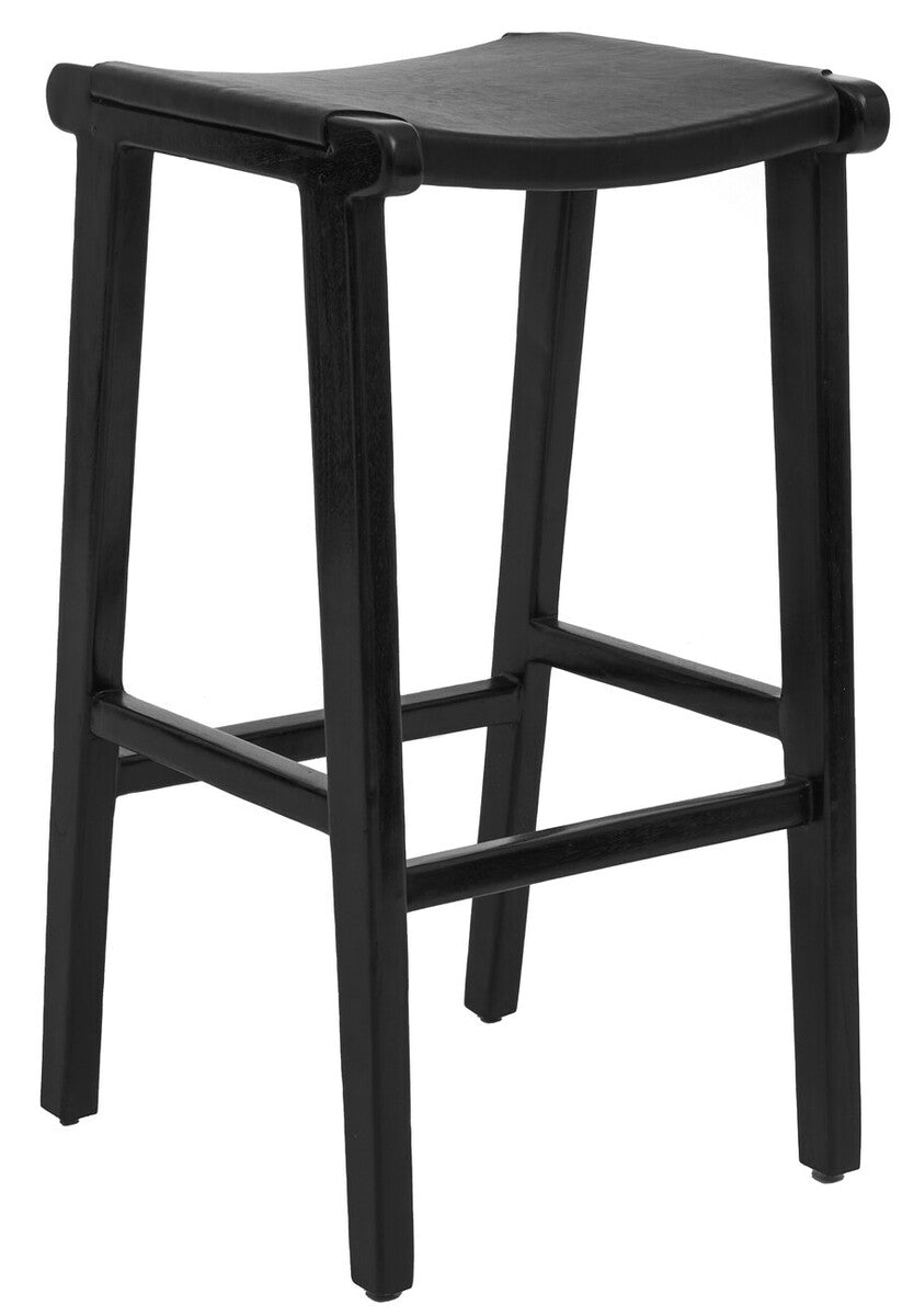 Kendari Black Leather & Teak Barstool