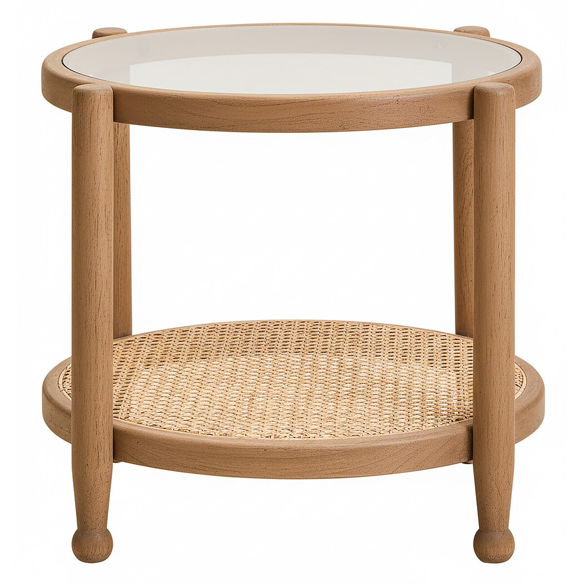Grey Wash Elm Wood Side Table With Glass Top & Cane Shelf, Cebu