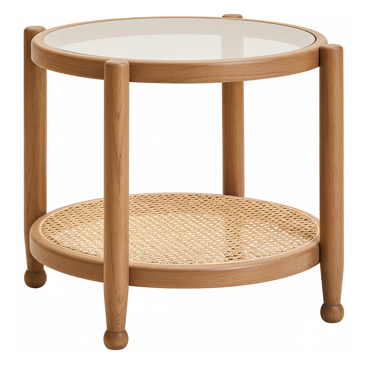 Grey Wash Elm Wood Side Table With Glass Top & Cane Shelf, Cebu