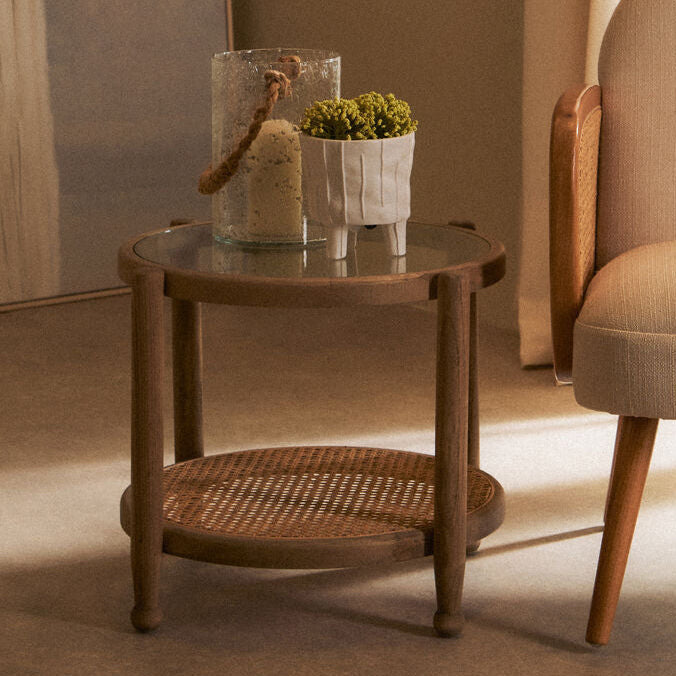 Grey Wash Elm Wood Side Table With Glass Top & Cane Shelf, Cebu