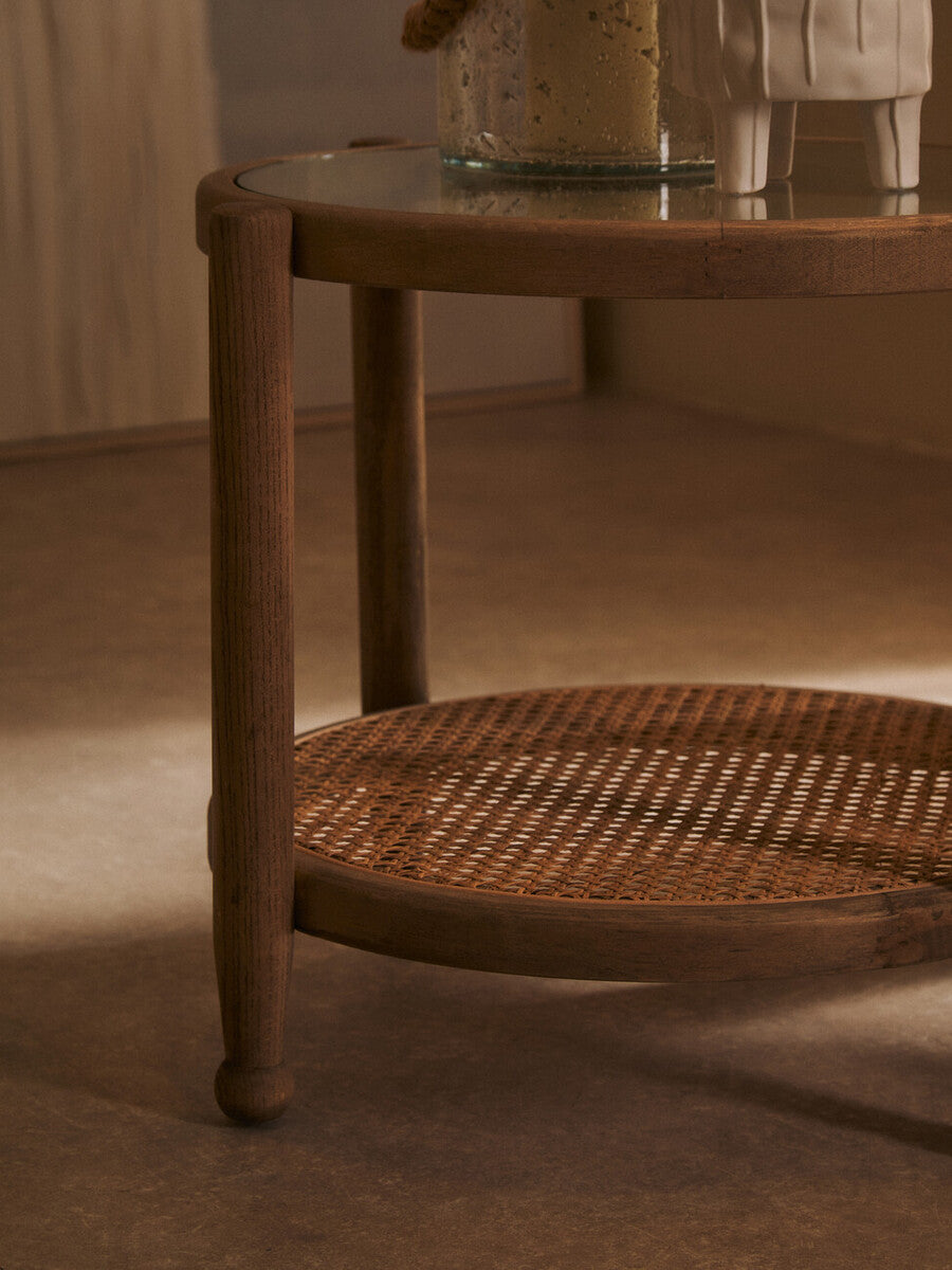 Grey Wash Elm Wood Side Table With Glass Top & Cane Shelf, Cebu