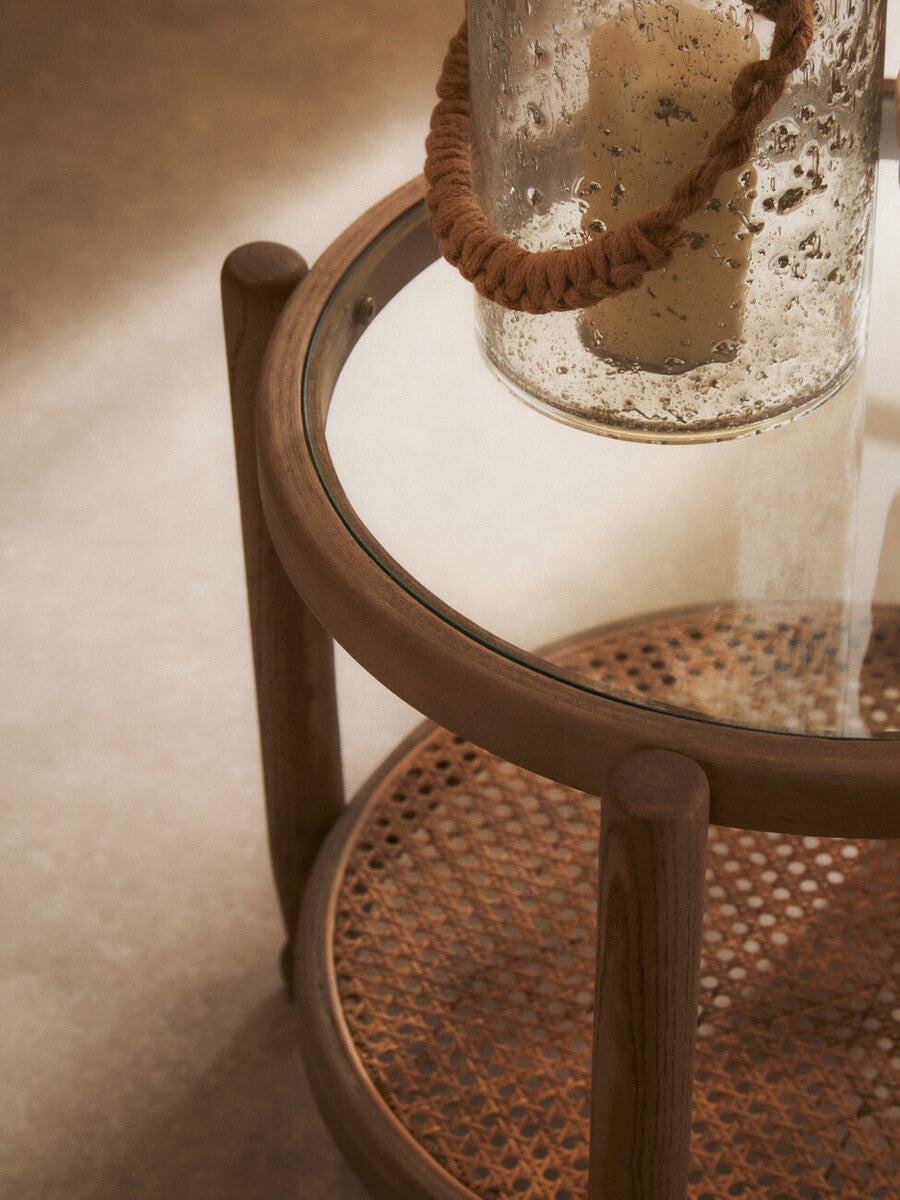 Grey Wash Elm Wood Side Table With Glass Top & Cane Shelf, Cebu