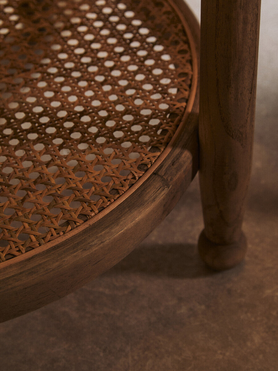 Grey Wash Elm Wood Side Table With Glass Top & Cane Shelf, Cebu