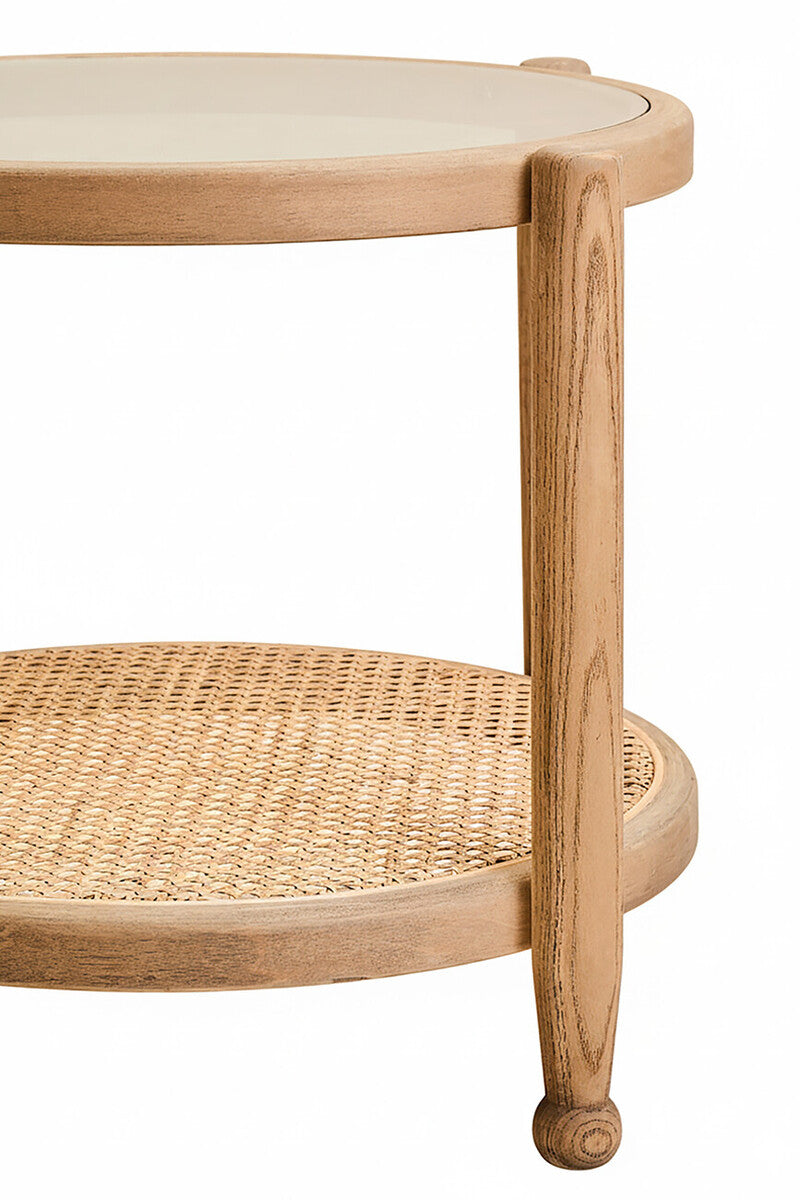 Grey Wash Elm Wood Side Table With Glass Top & Cane Shelf, Cebu