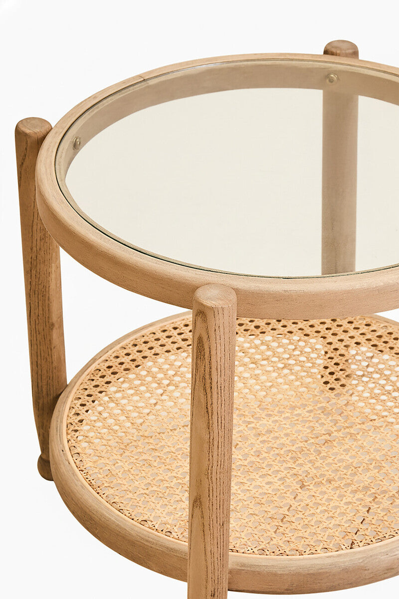 Grey Wash Elm Wood Side Table With Glass Top & Cane Shelf, Cebu