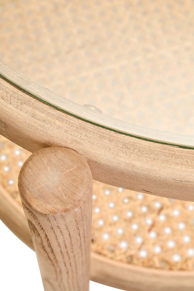 Grey Wash Elm Wood Side Table With Glass Top & Cane Shelf, Cebu