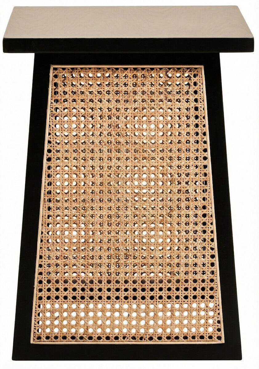 Black Elm Wood Side Table With Woven Natural Cane Panels, Cebu