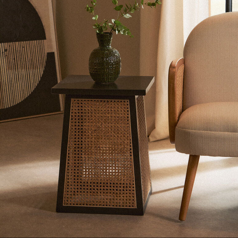 Black Elm Wood Side Table With Woven Natural Cane Panels, Cebu