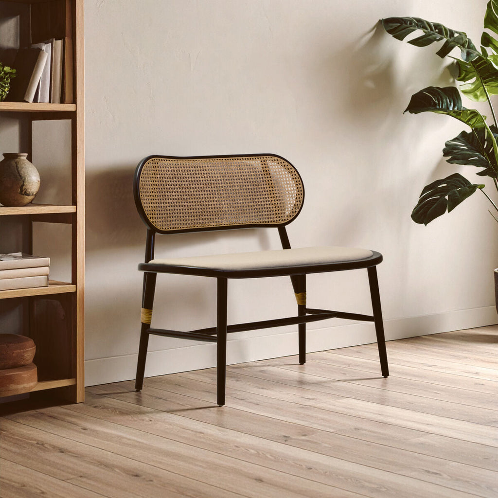 Cebu Natural Cane Bench With Black Elm Wood Frame