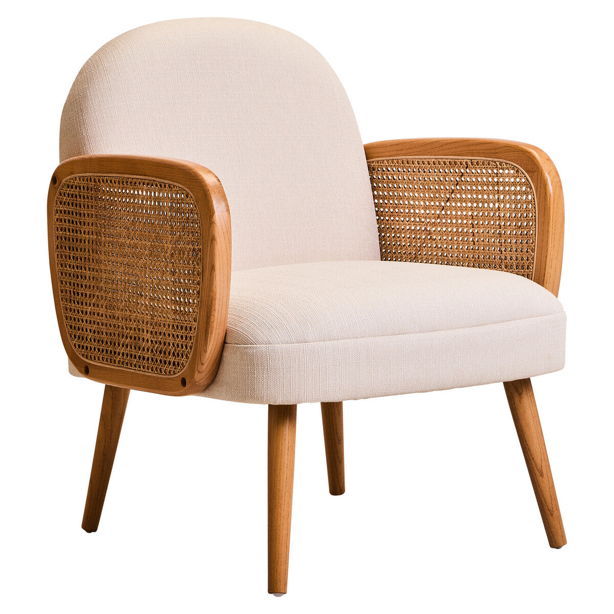 Cebu Ivory Fabric & Cane Chair With Elm Wood Legs