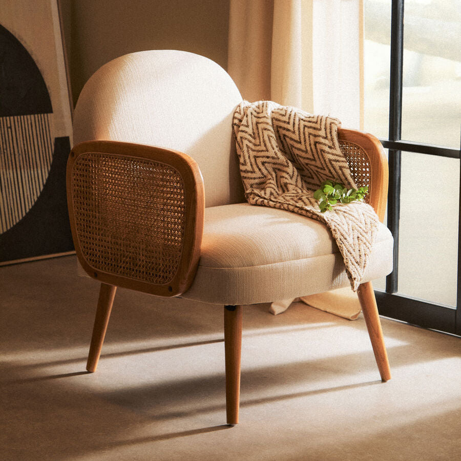 Cebu Ivory Fabric & Cane Chair With Elm Wood Legs