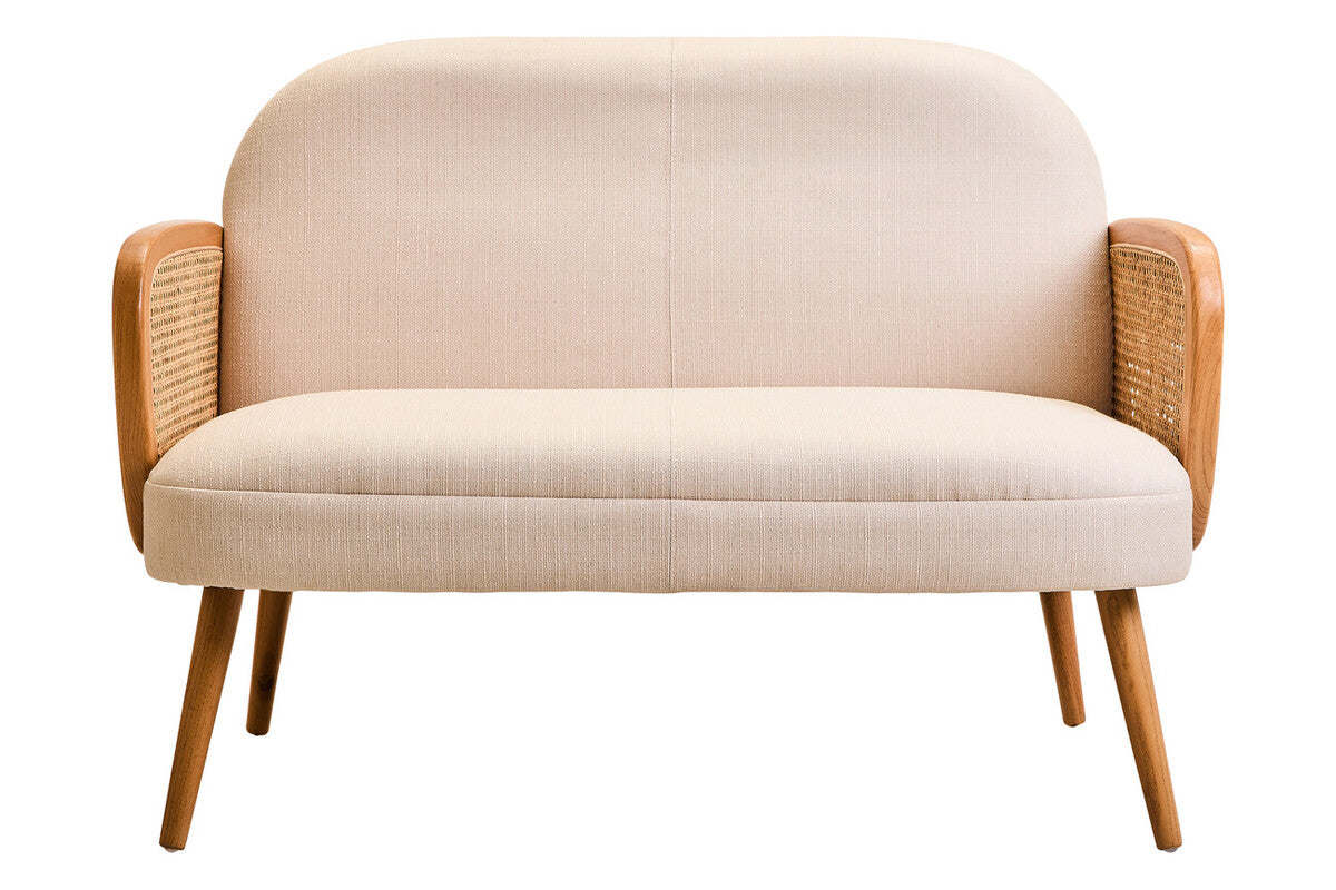 2 Seat Ivory Fabric & Cane Sofa With Elm Wood Legs, Cebu