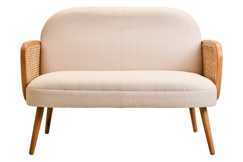2 Seat Ivory Fabric & Cane Sofa With Elm Wood Legs, Cebu
