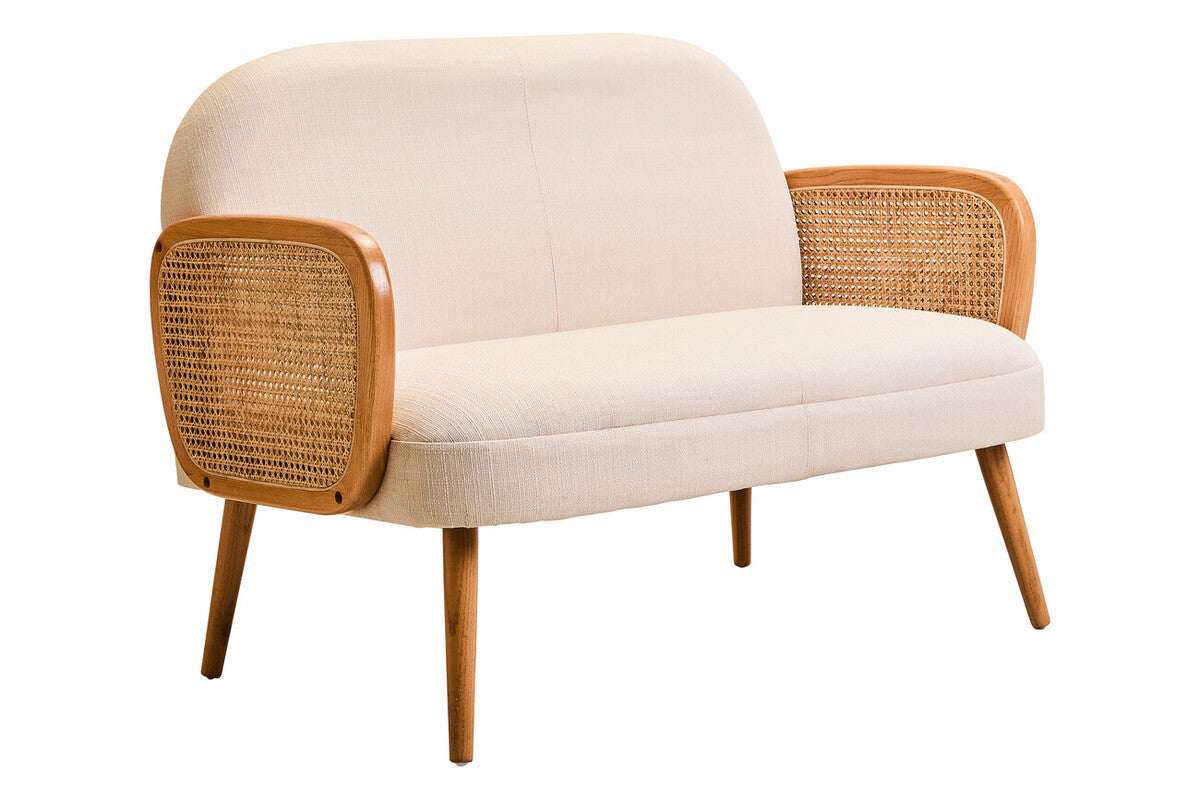 2 Seat Ivory Fabric & Cane Sofa With Elm Wood Legs, Cebu
