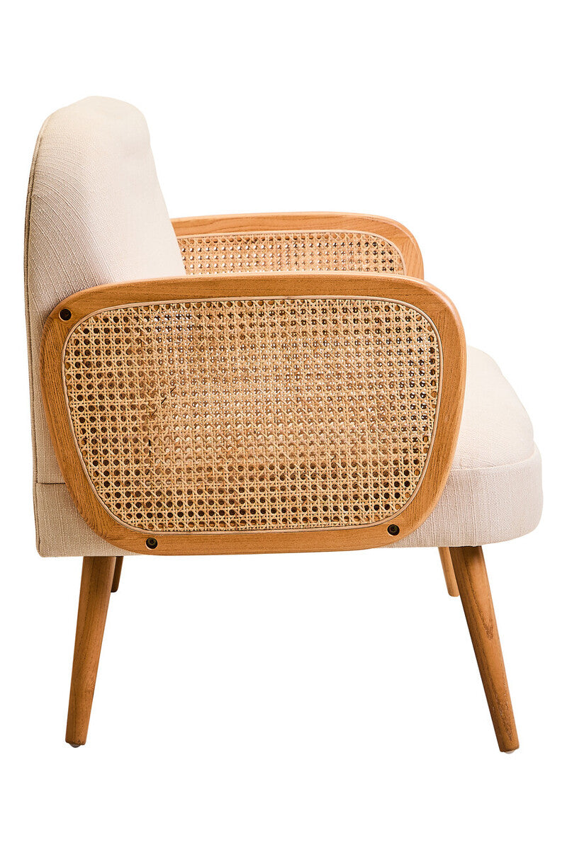 2 Seat Ivory Fabric & Cane Sofa With Elm Wood Legs, Cebu