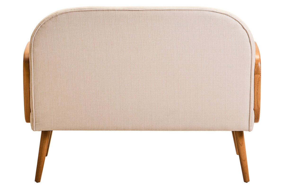 2 Seat Ivory Fabric & Cane Sofa With Elm Wood Legs, Cebu