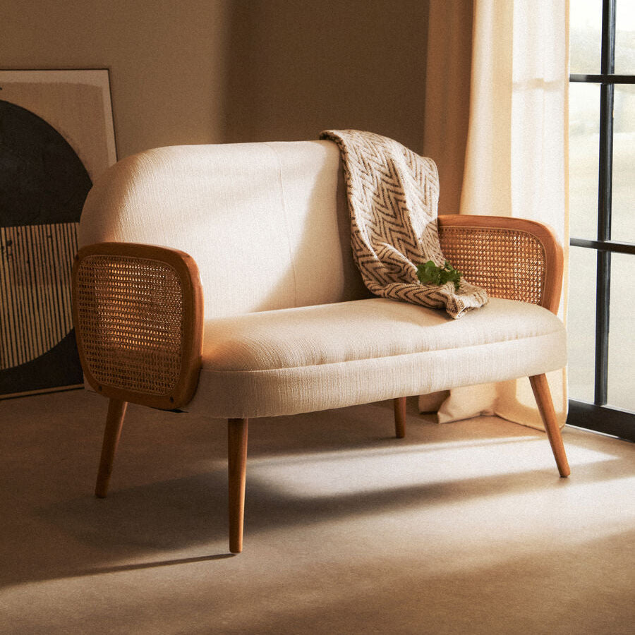 2 Seat Ivory Fabric & Cane Sofa With Elm Wood Legs, Cebu