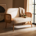 2 Seat Ivory Fabric & Cane Sofa With Elm Wood Legs, Cebu