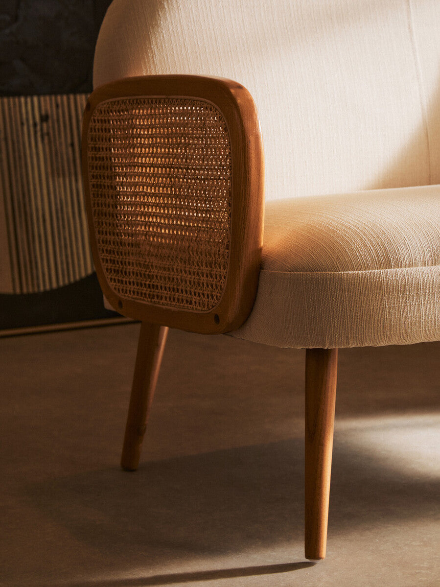 2 Seat Ivory Fabric & Cane Sofa With Elm Wood Legs, Cebu