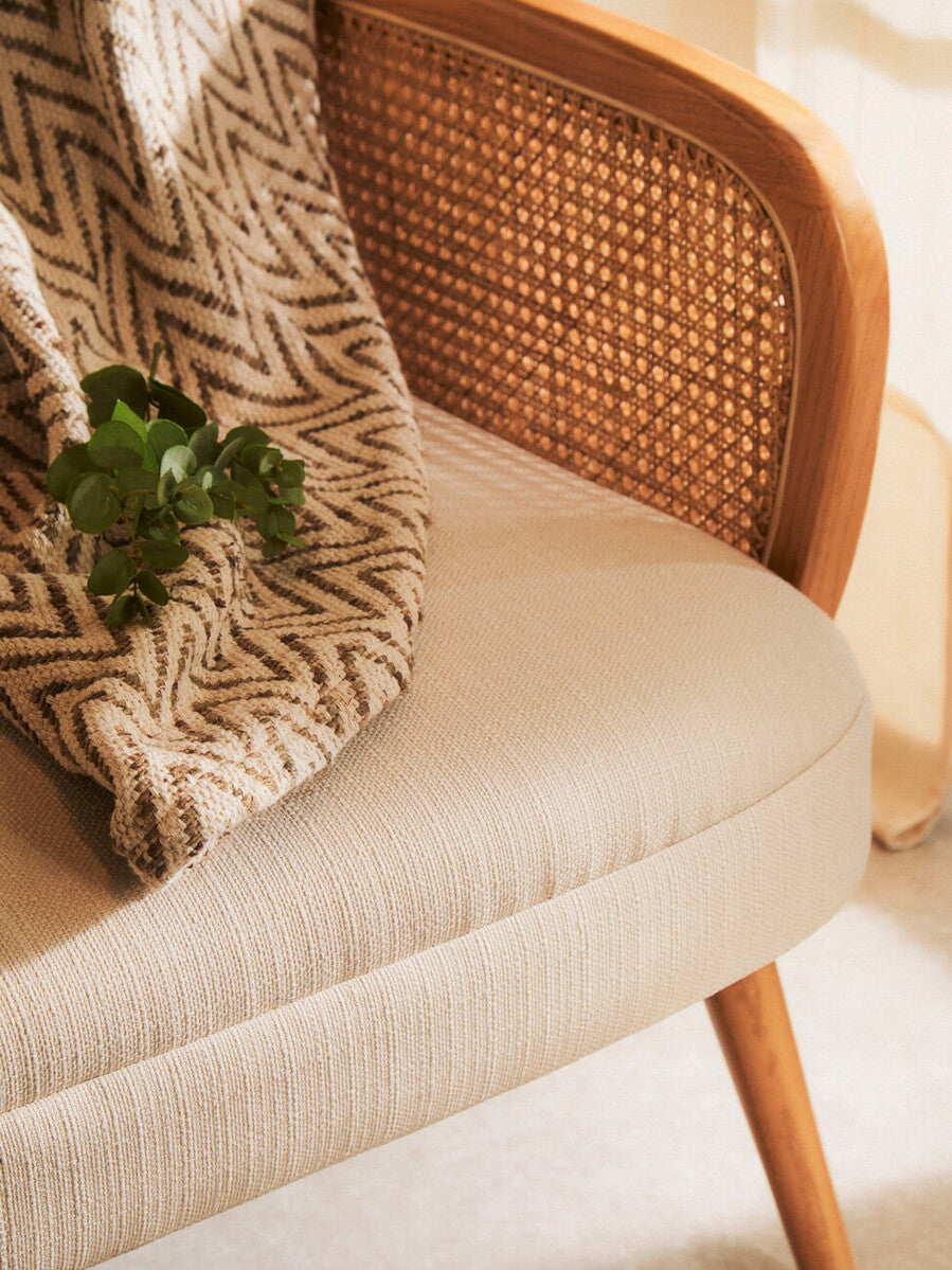 2 Seat Ivory Fabric & Cane Sofa With Elm Wood Legs, Cebu