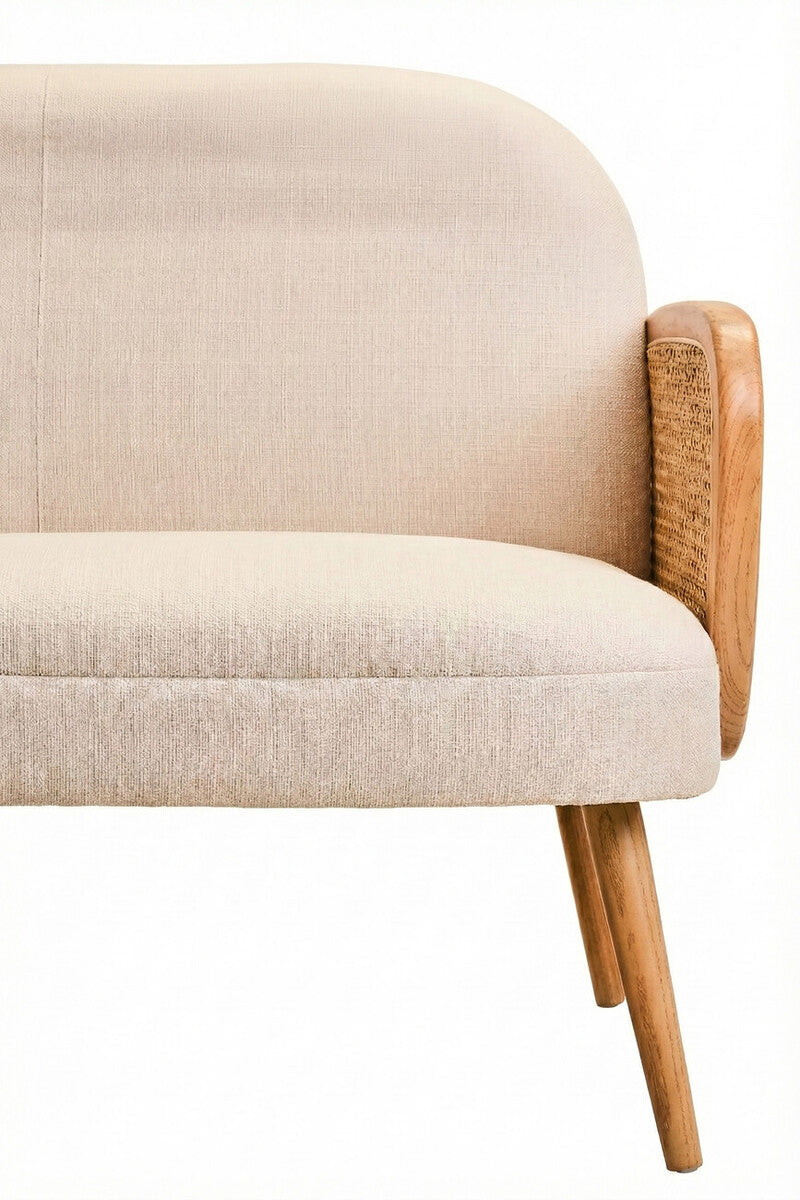 2 Seat Ivory Fabric & Cane Sofa With Elm Wood Legs, Cebu