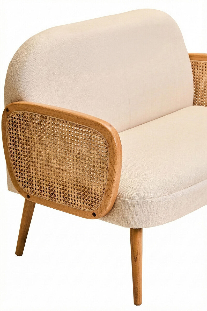 2 Seat Ivory Fabric & Cane Sofa With Elm Wood Legs, Cebu