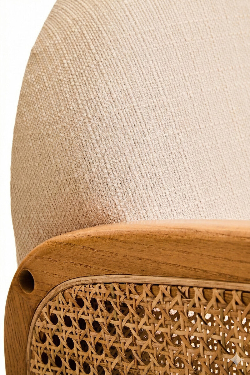 2 Seat Ivory Fabric & Cane Sofa With Elm Wood Legs, Cebu