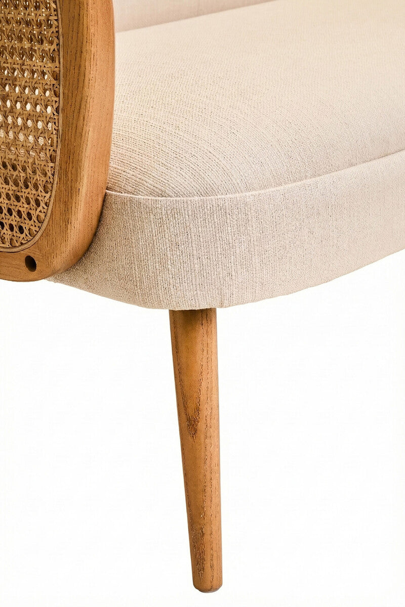 2 Seat Ivory Fabric & Cane Sofa With Elm Wood Legs, Cebu