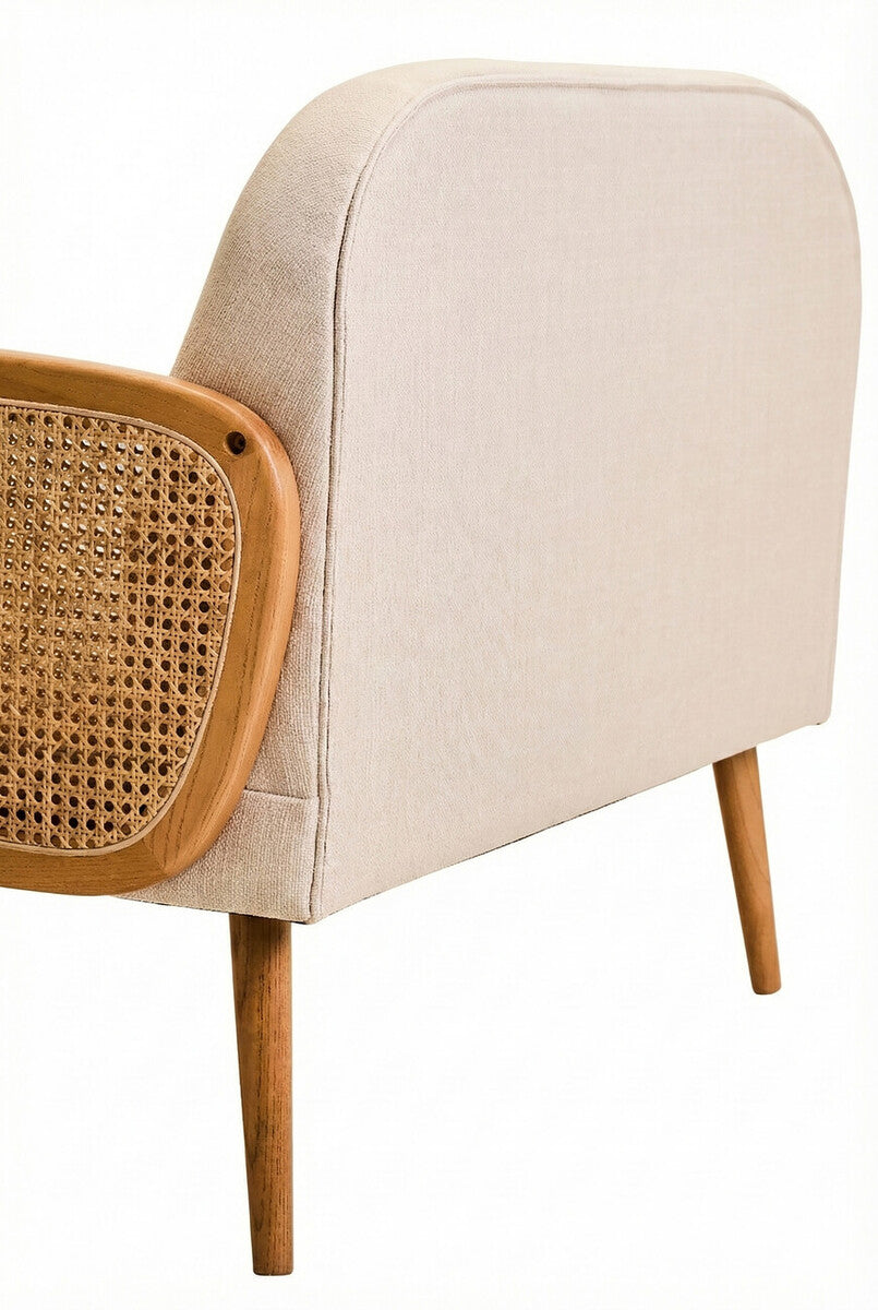 2 Seat Ivory Fabric & Cane Sofa With Elm Wood Legs, Cebu