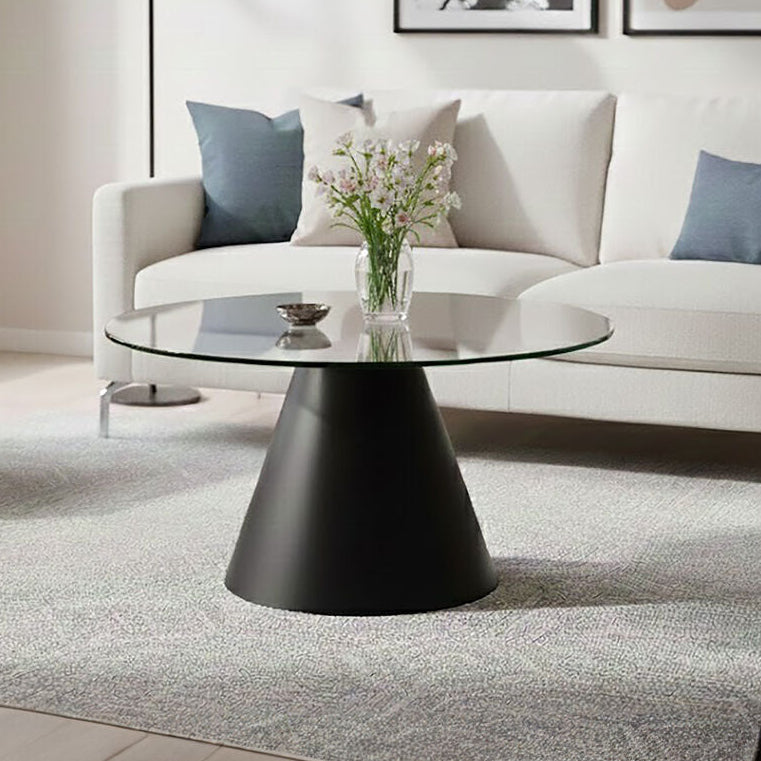 Clear Glass Round Top Coffee Table With Black Conical Metal Base, Azalea
