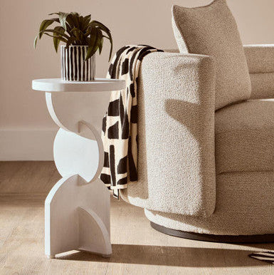 White Mango Wood Abstract Side Table With Sculpted Geometric Base, Walsa