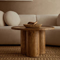 Natural Mango Wood Coffee Table With Column Base & Rounded Top, Walsa