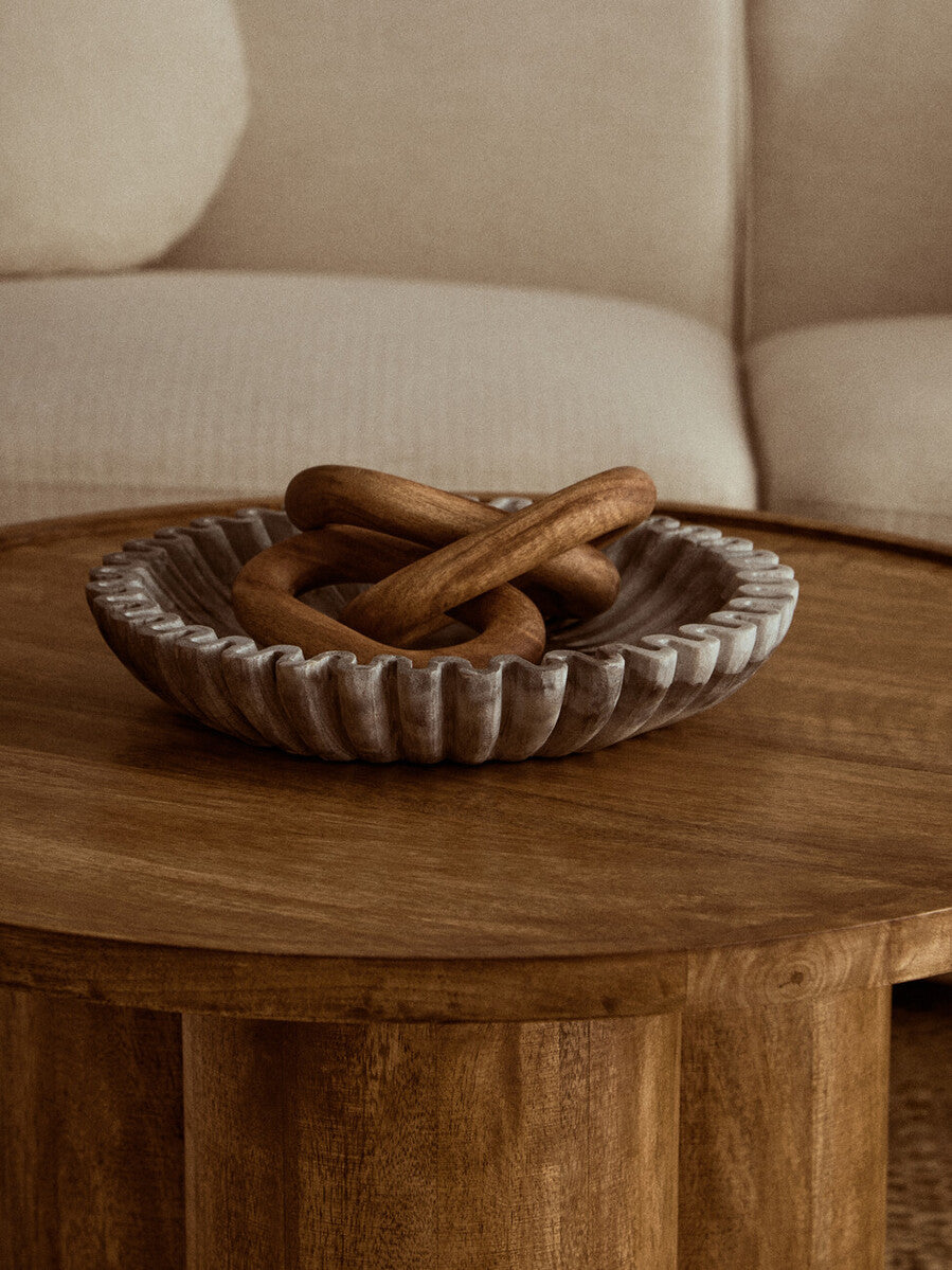 Natural Mango Wood Coffee Table With Column Base & Rounded Top, Walsa