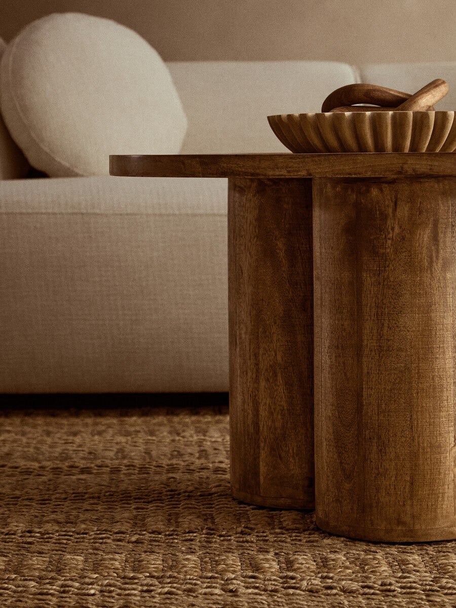Natural Mango Wood Coffee Table With Column Base & Rounded Top, Walsa