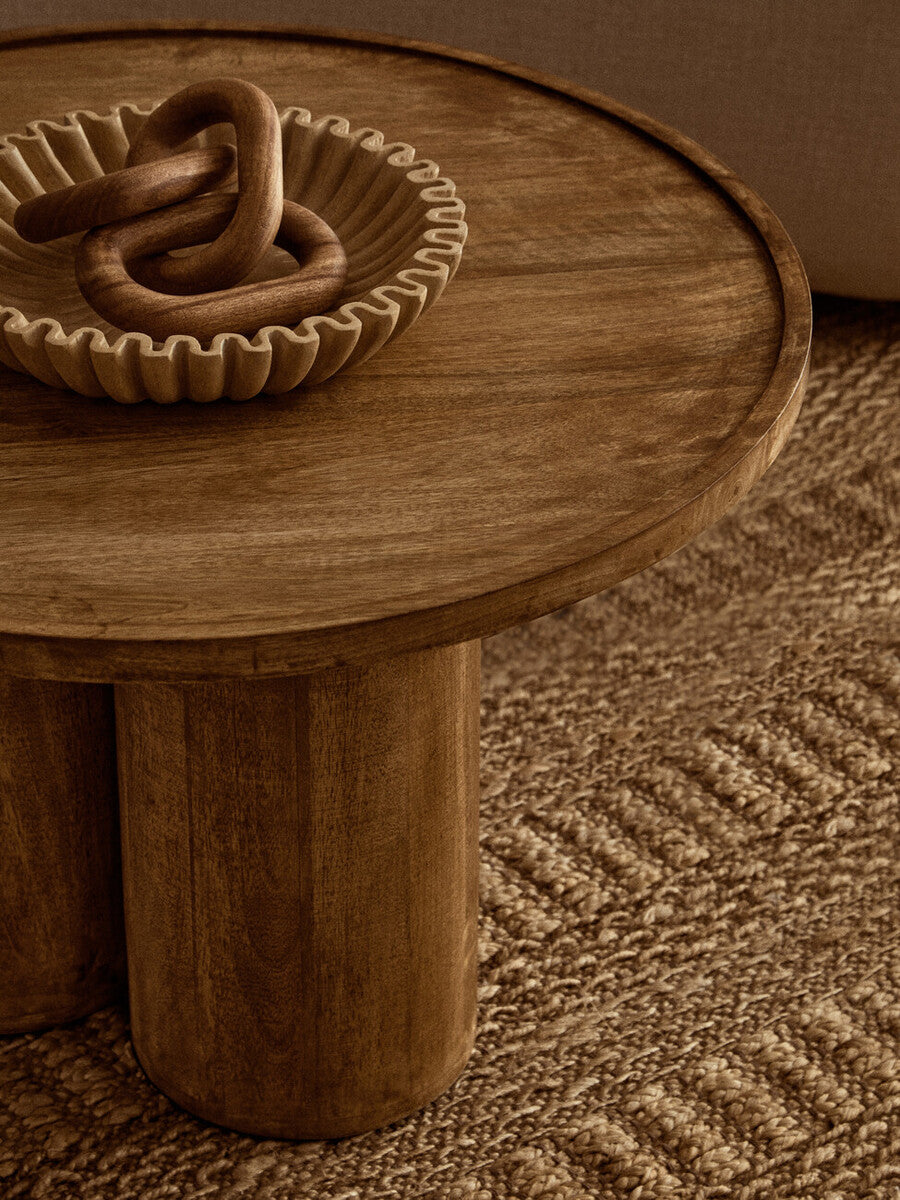 Natural Mango Wood Coffee Table With Column Base & Rounded Top, Walsa