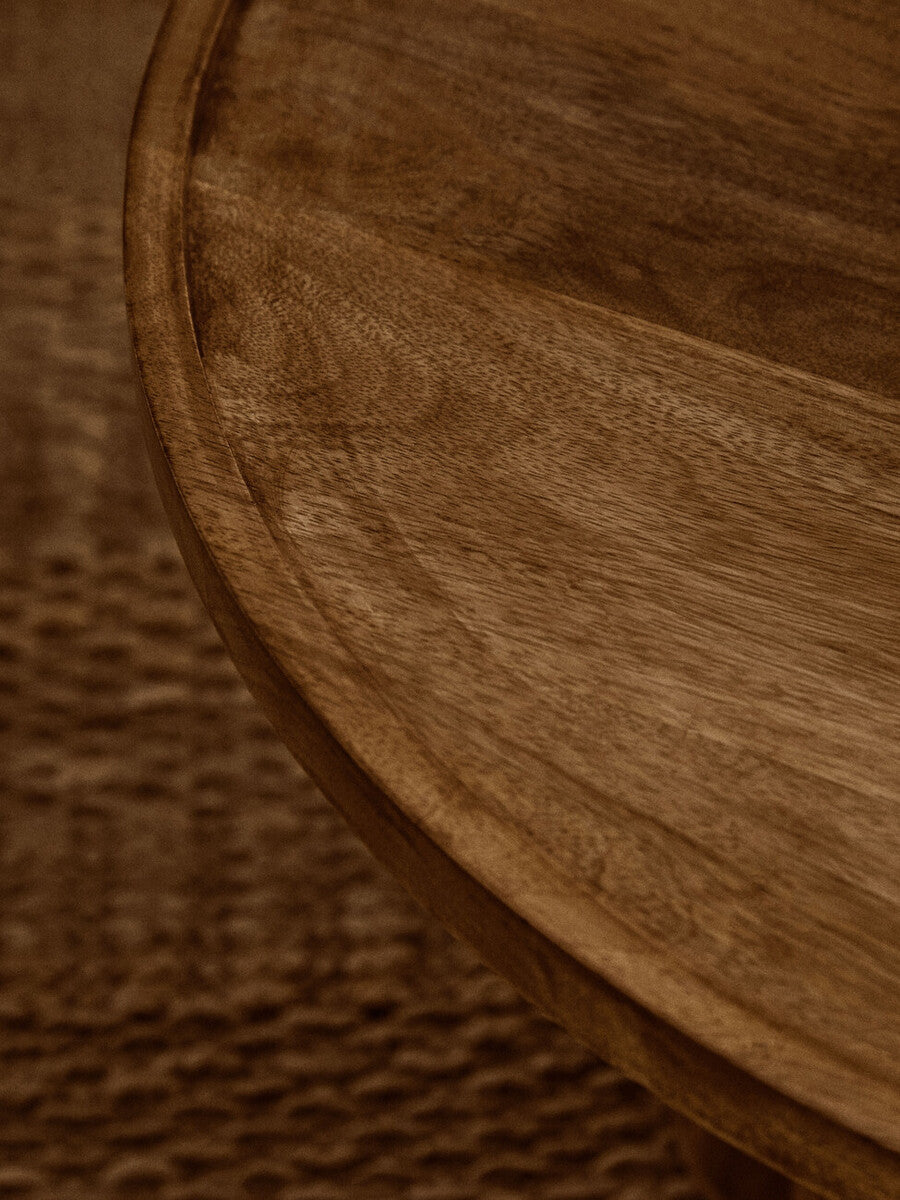 Natural Mango Wood Coffee Table With Column Base & Rounded Top, Walsa
