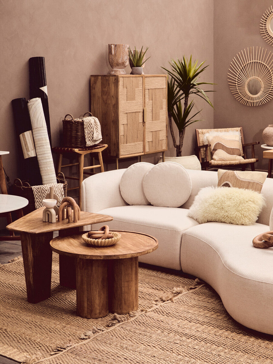 Natural Mango Wood Coffee Table With Column Base & Rounded Top, Walsa