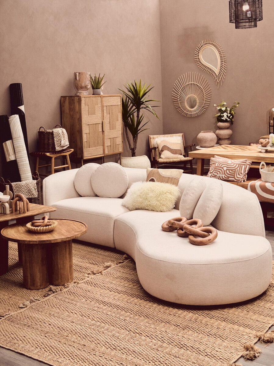 Natural Mango Wood Coffee Table With Column Base & Rounded Top, Walsa