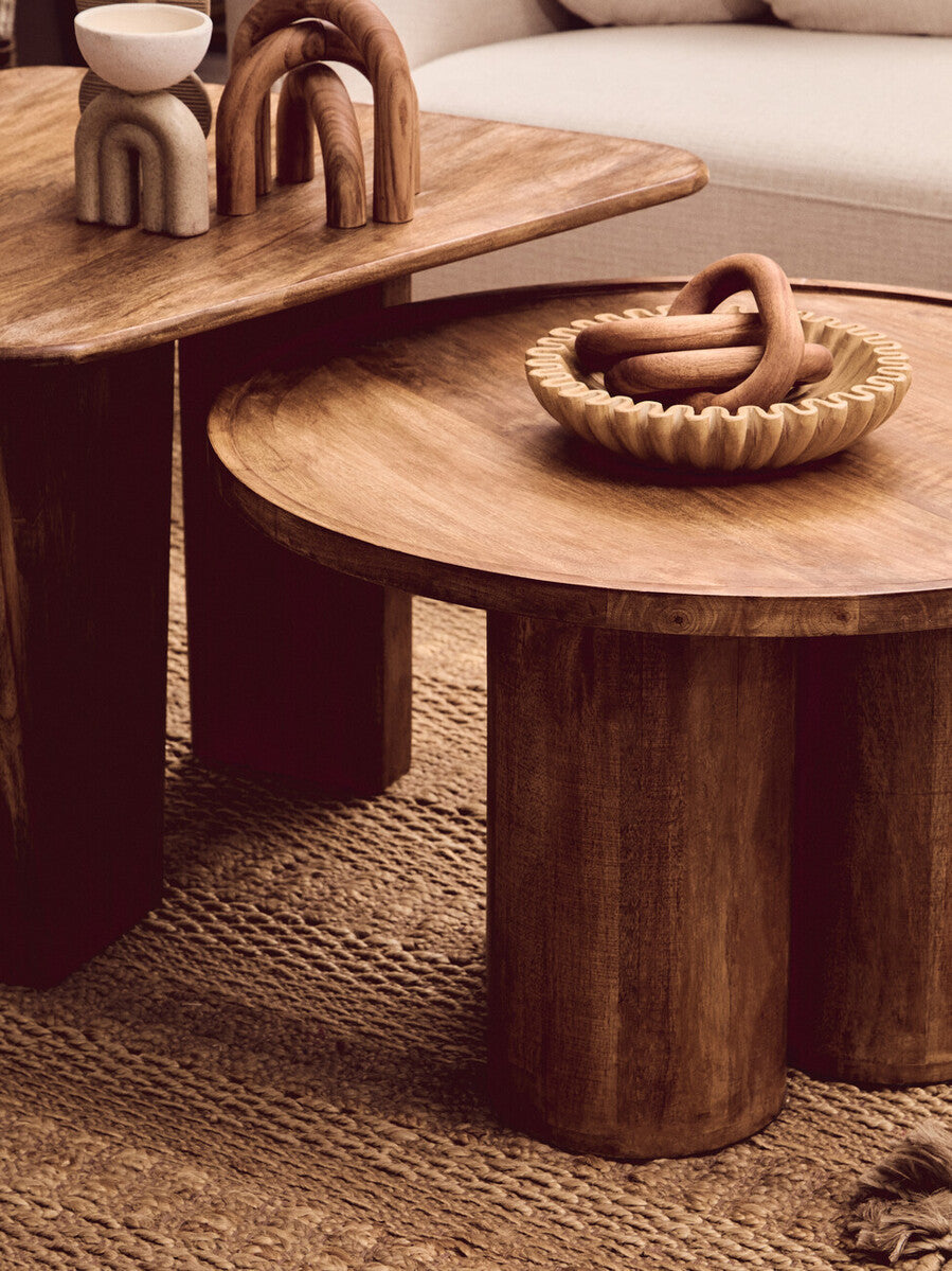 Natural Mango Wood Coffee Table With Column Base & Rounded Top, Walsa