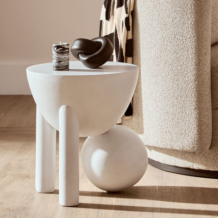 White Mango Wood Round Side Table With Sphere & Semi-Cupped Legs, Walsa
