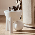 White Mango Wood Round Side Table With Sphere & Semi-Cupped Legs, Walsa