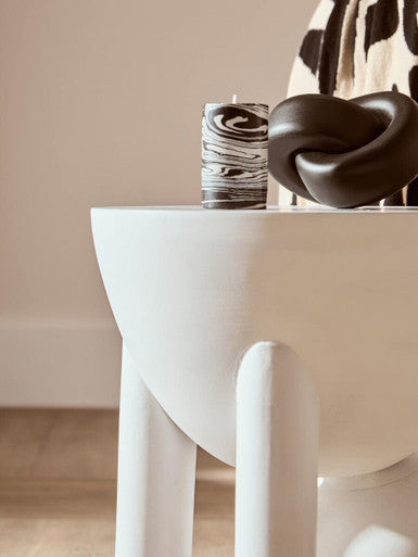 White Mango Wood Round Side Table With Sphere & Semi-Cupped Legs, Walsa