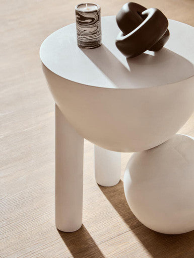 White Mango Wood Round Side Table With Sphere & Semi-Cupped Legs, Walsa