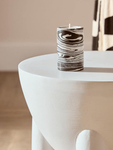 White Mango Wood Round Side Table With Sphere & Semi-Cupped Legs, Walsa