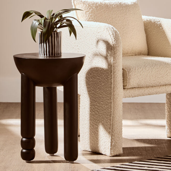 Black Mango Wood Round Side Table With Column Detail Base, Walsa