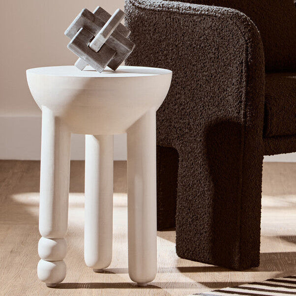 Whitewash Mango Wood Round Side Table With Column Detail Base, Walsa